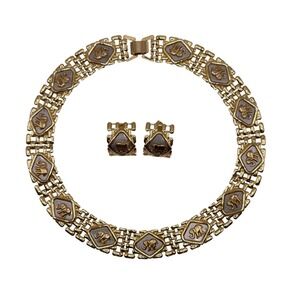 Vintage Safari Gold Tone Elephant Link Collar Necklace and Earring Bundle Set